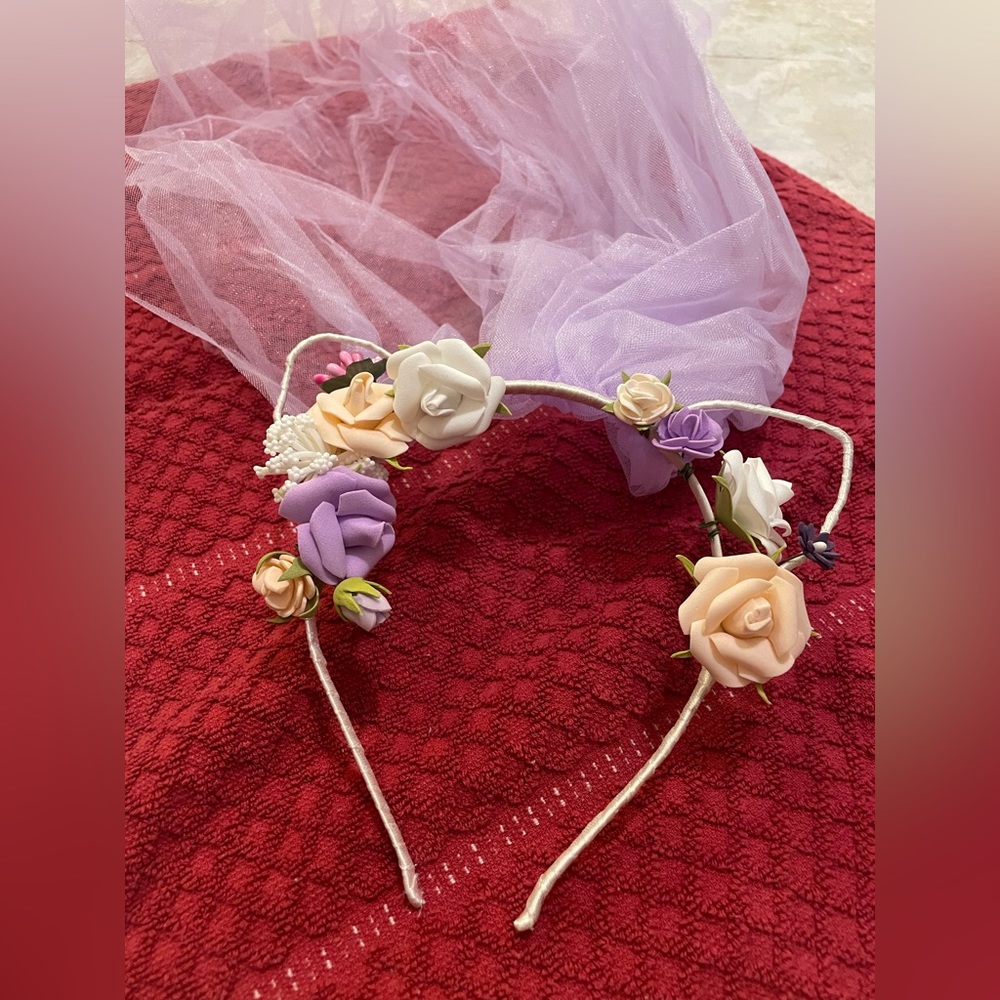 Floral Cat Ear Headband with Lavender Veil - Decorative Party Hat